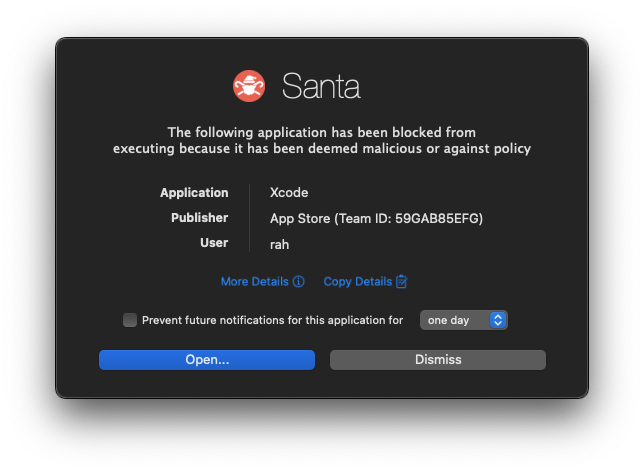 Binary authorization notification dialog
