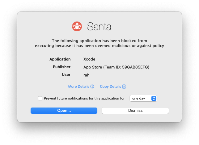 Binary authorization notification dialog